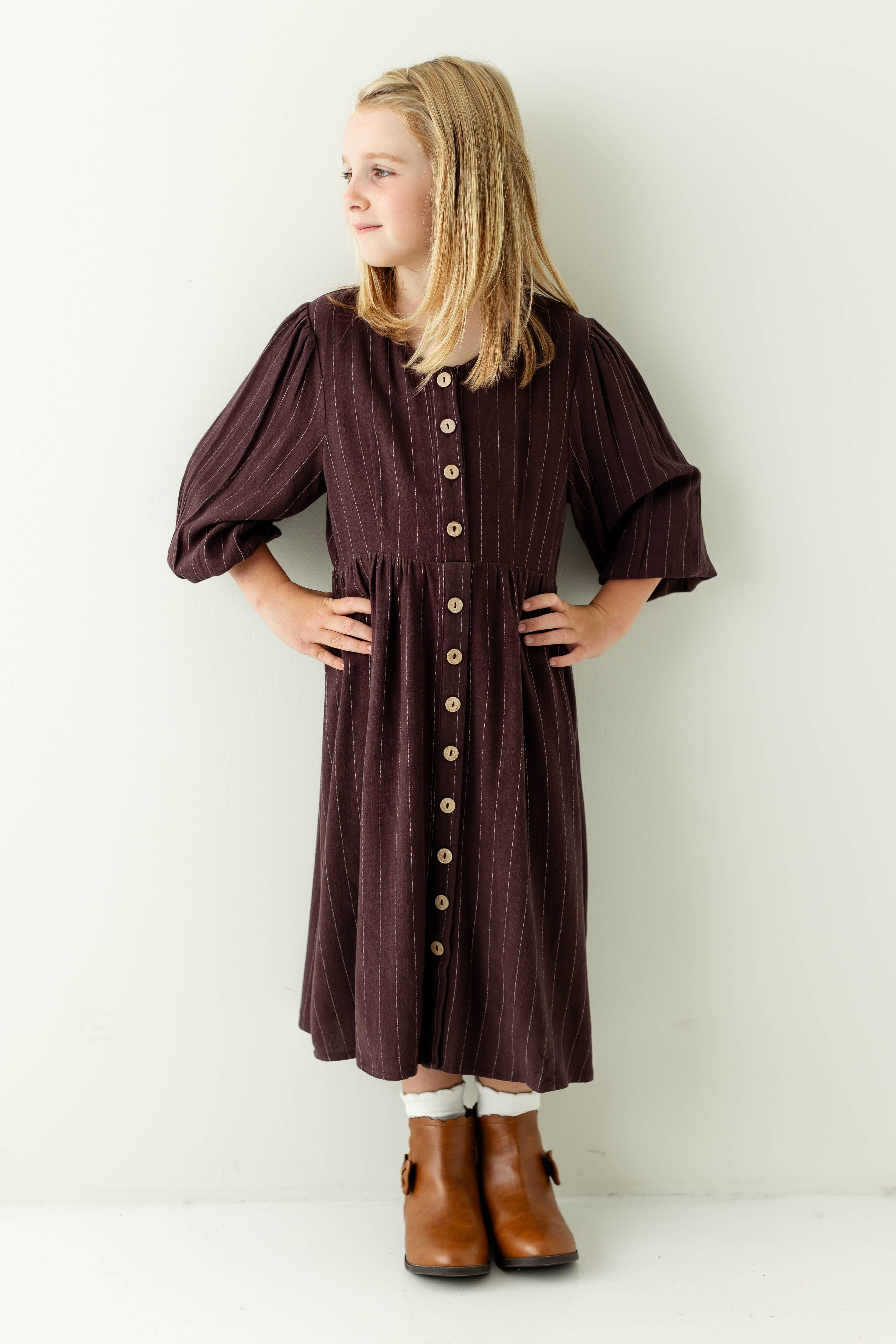 'Addy' Girl Button Down Striped Linen Blend Dress