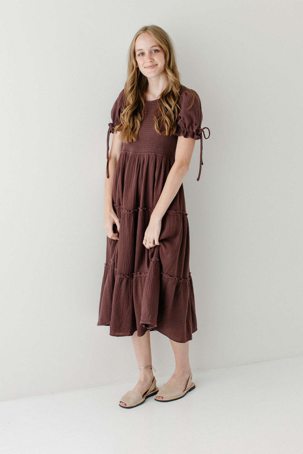'Adriel' Cotton Gauze Smocked Bodice Midi Dress