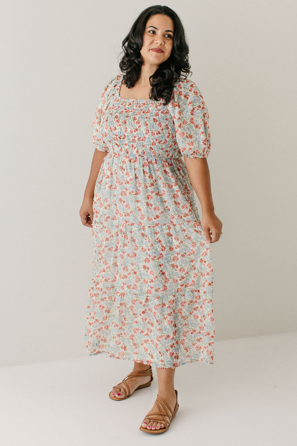 'Adelyn' Smocked Bodice Floral Embroidered Dress in Light Tan FINAL SALE