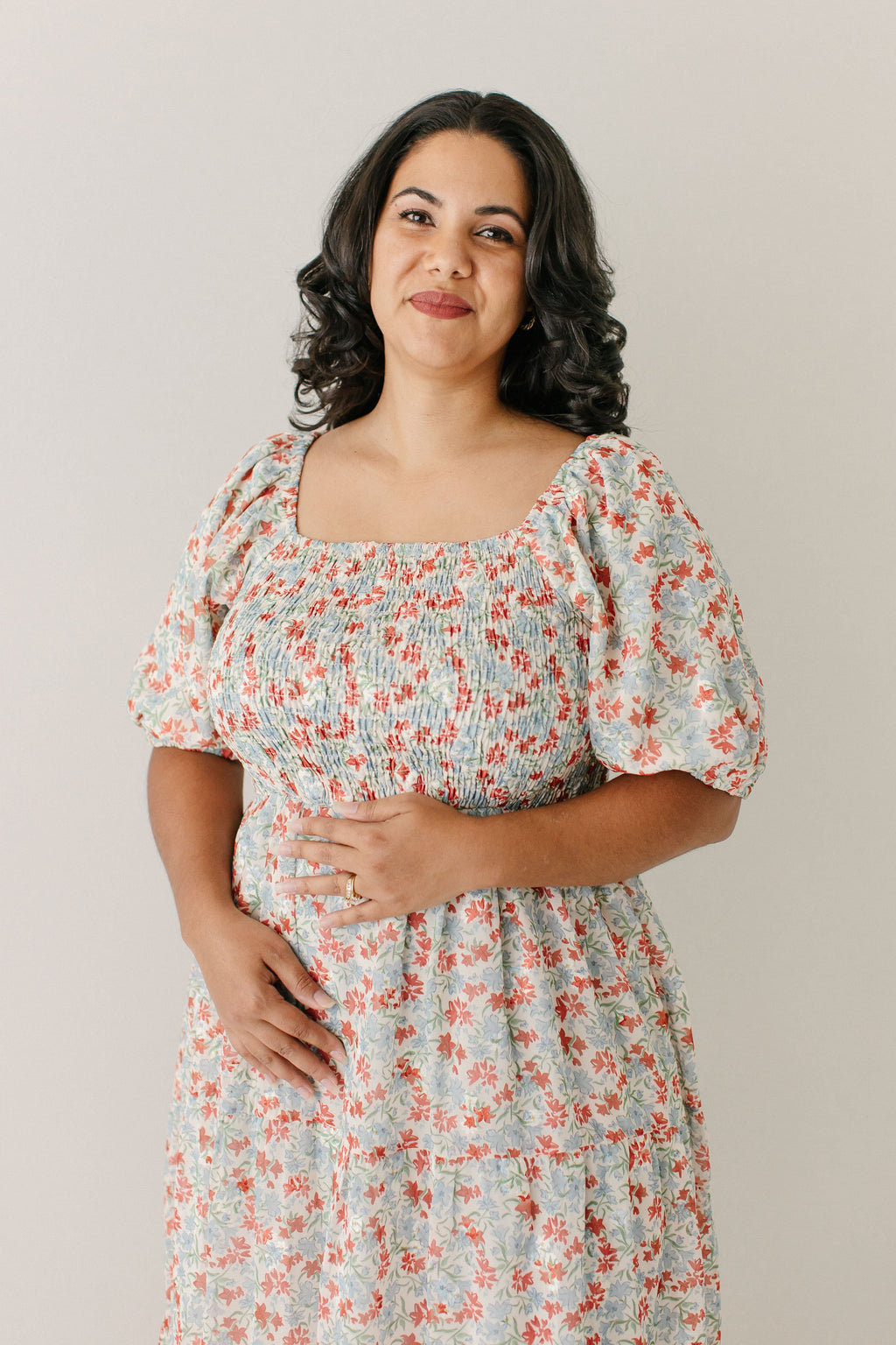 'Adelyn' Smocked Bodice Floral Embroidered Dress in Light Tan FINAL SALE